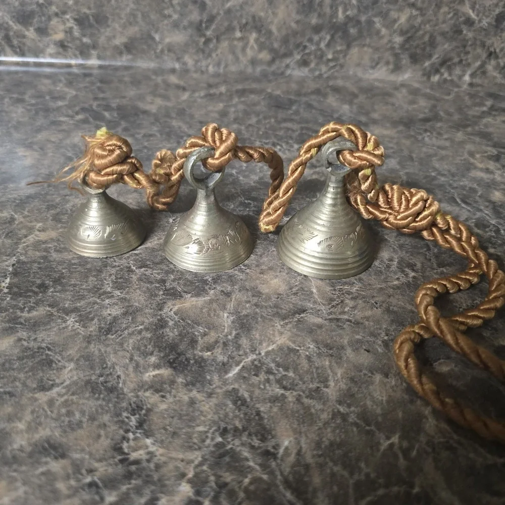 Vintage Brass Hanging Temple Bells Set of 3 on Decorative Cord India Boho Decor